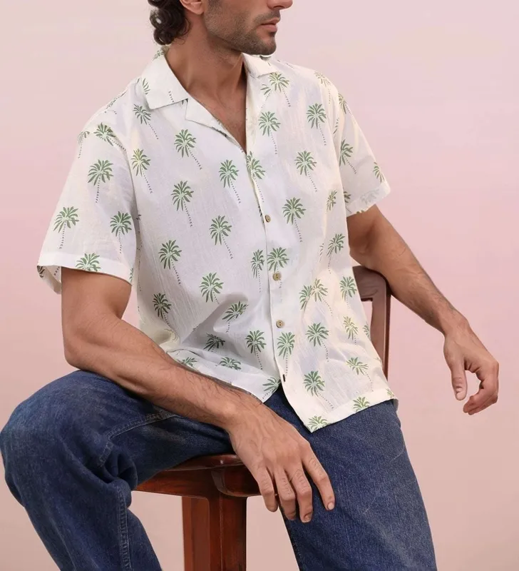 White Palm Leaf Mulmul Cotton Camp Collar Shirt