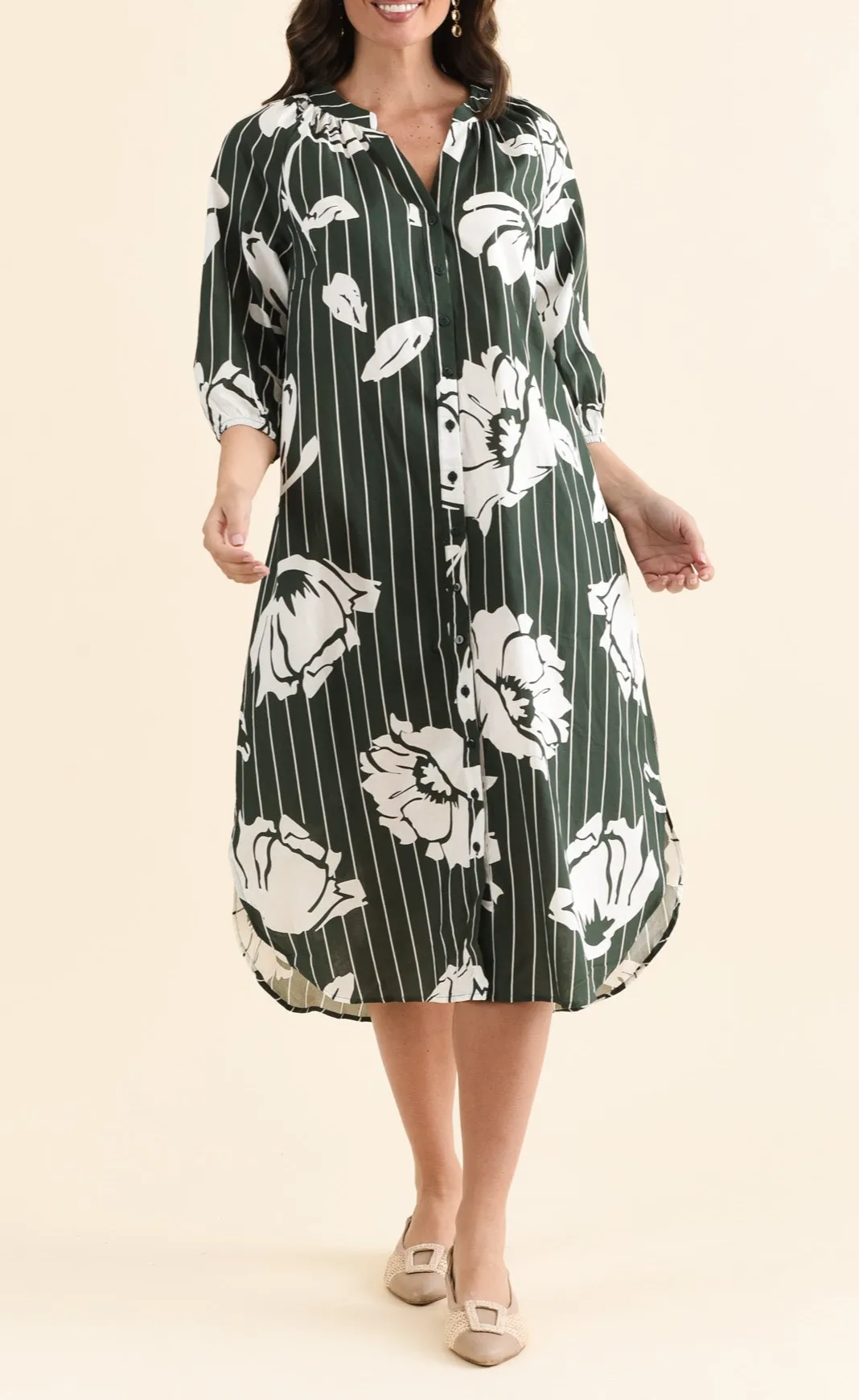 Below-Knee Floral Cotton Button-Front Pocket V-Neck Half-Sleeve Dress