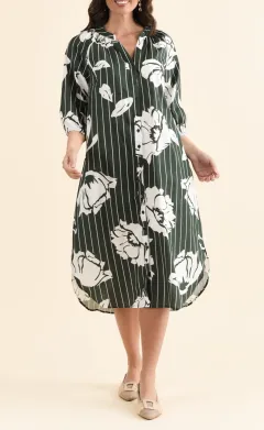Below-Knee Floral Cotton Button-Front Pocket V-Neck Half-Sleeve Dress