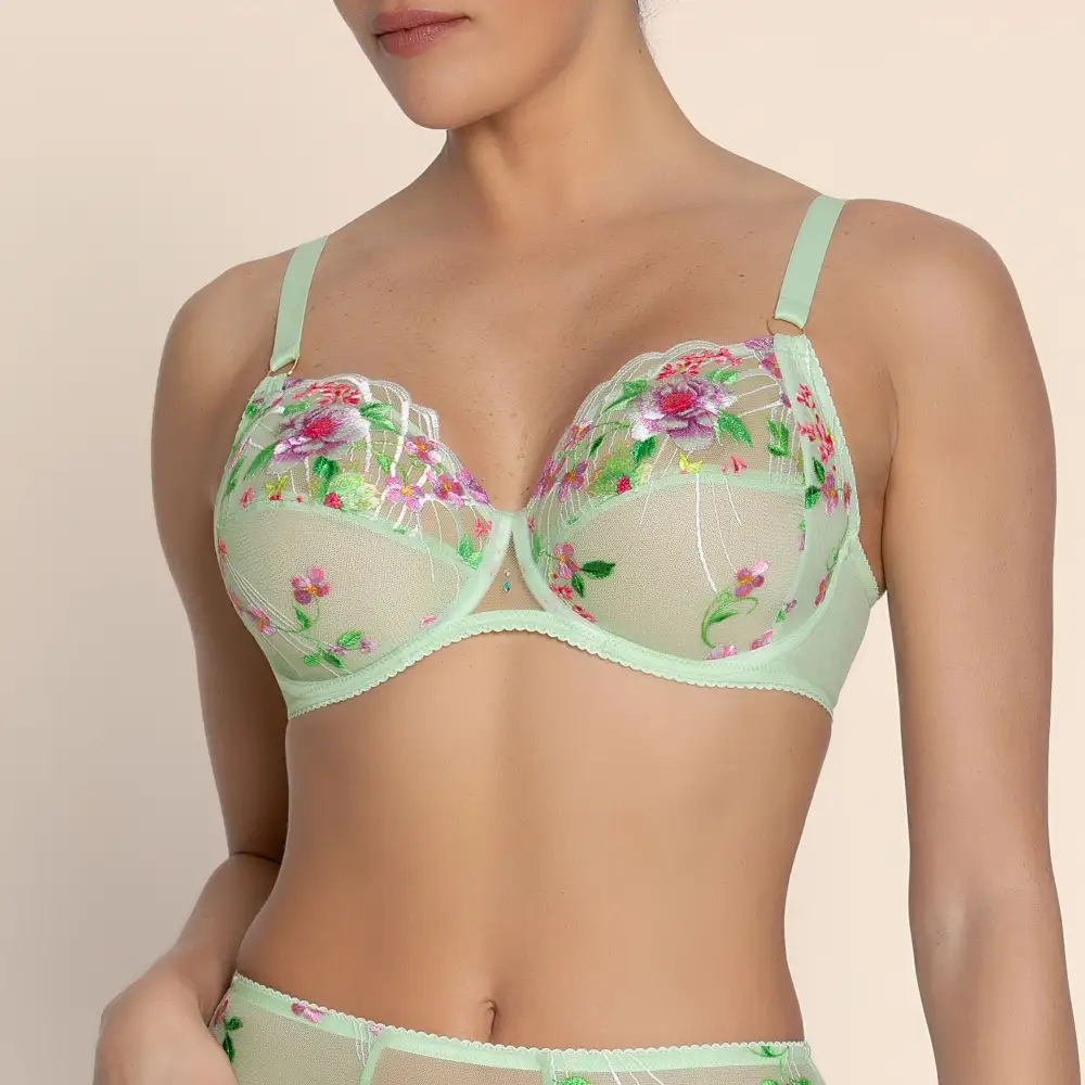 Women's Full Coverage Underwire Chimney Back Adjustable Straps Floral Lace Embroidery Mesh Floral Detail Bra