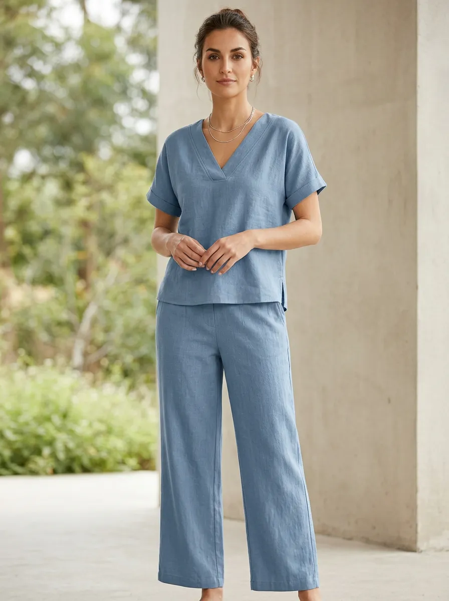 Linen-Blend Women's V-Neck Shirt