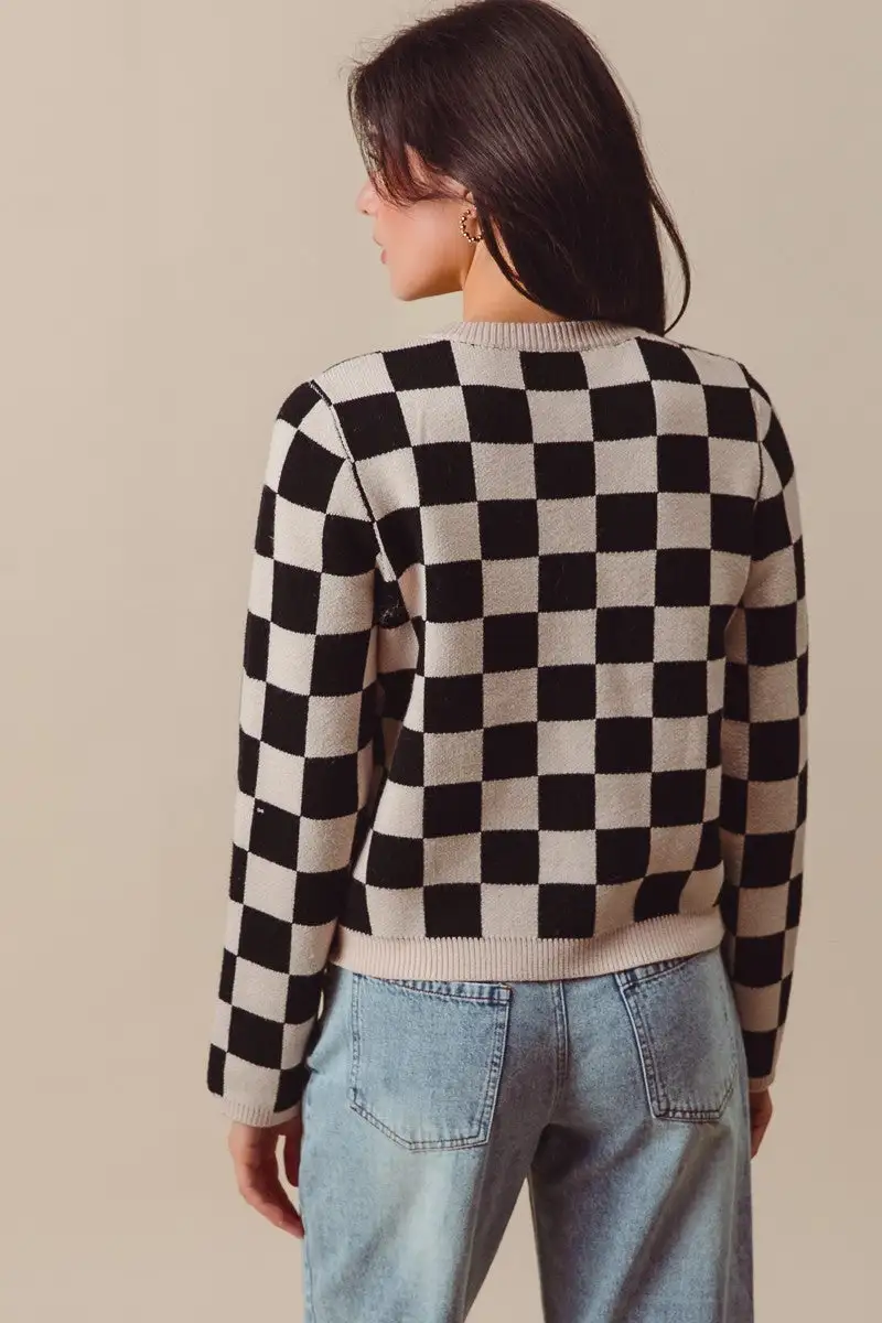 Open Front Ribbed Checkered Cardigan