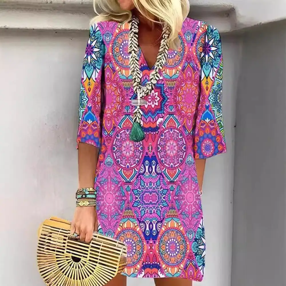 Women's A-Line V-Neck Three-Quarter-Sleeve Belted Dress