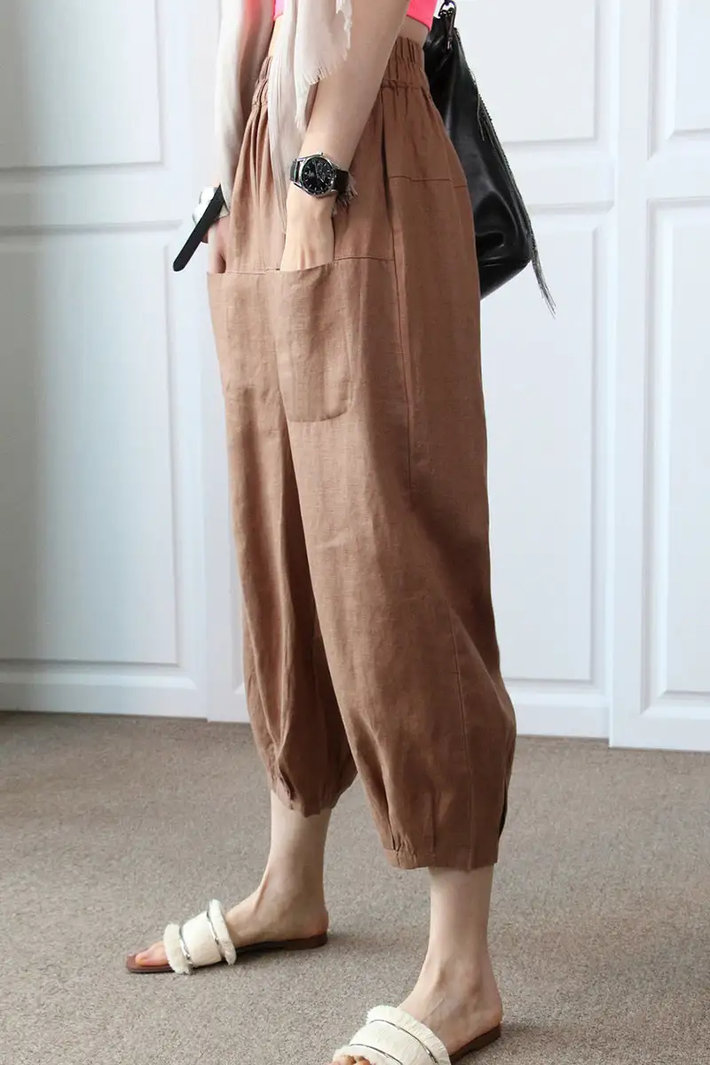 Modern Linen Cotton Wide Leg Cropped Elastic Waist Pocketed Trousers