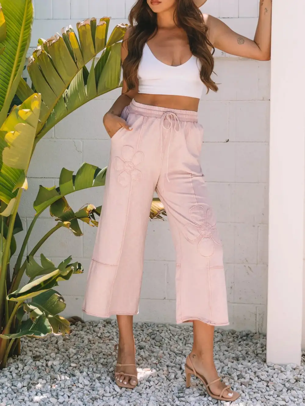 Floral Wide Leg Crop Pants With Drawstring Waistband