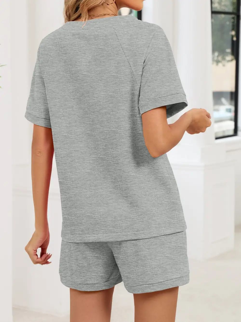 Notched Short Sleeve Top and Shorts Set