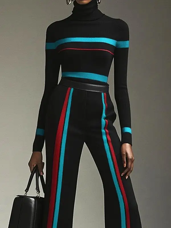 Striped High Neck Long Sleeve Pullover Sweater