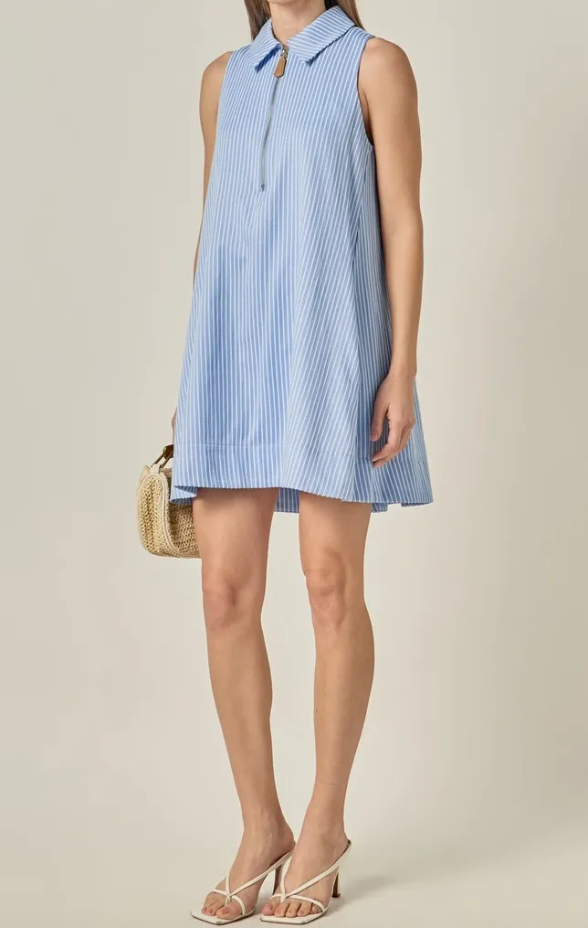 Blue Striped Collared Sleeveless Mini