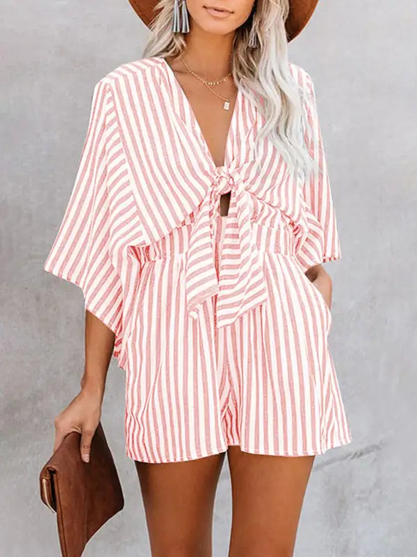 Slim Waist Striped Deep V Trumpet Jumpsuit