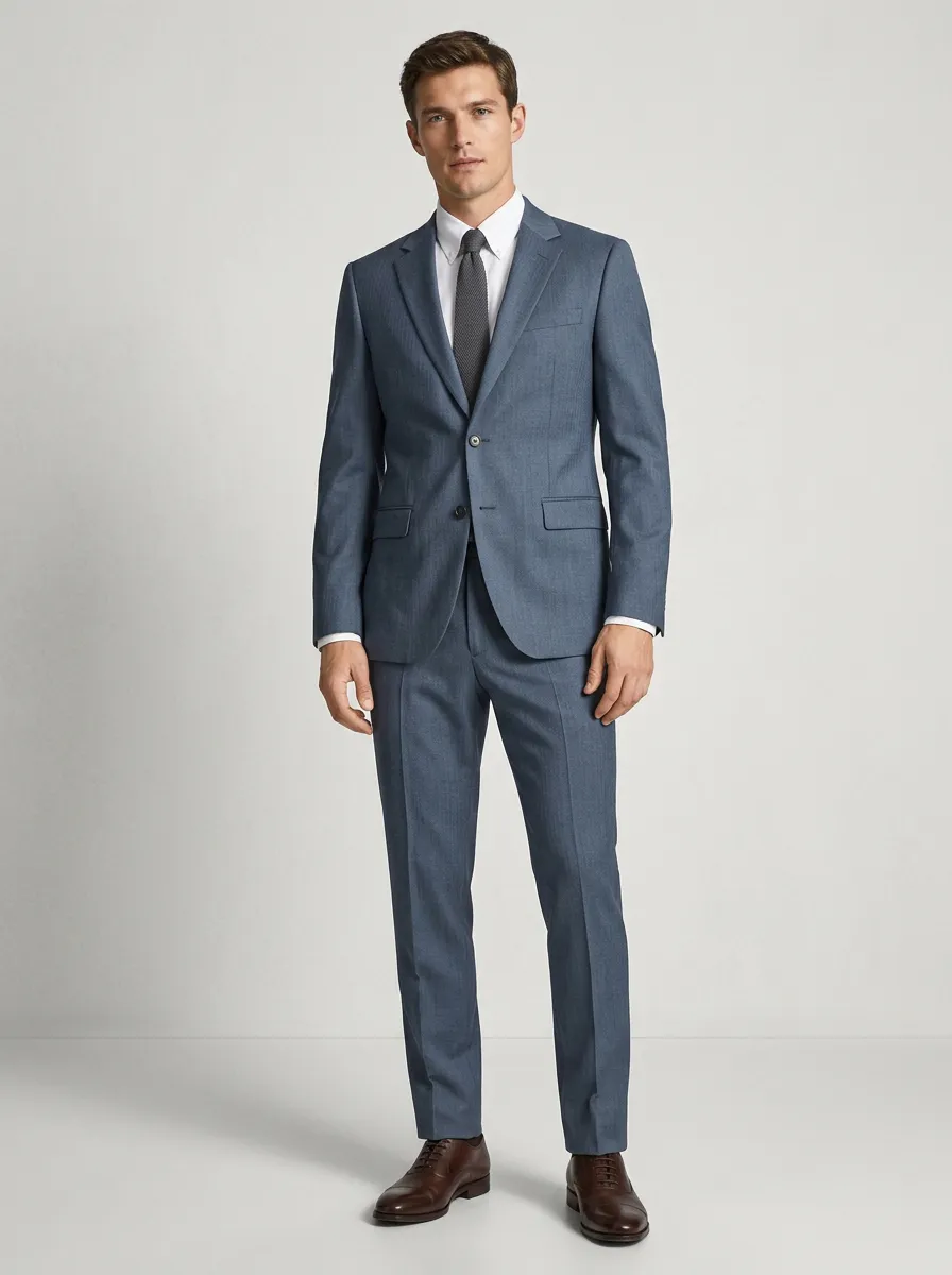 Men's Business Formal Blue Herringbone Tailored Suit Set