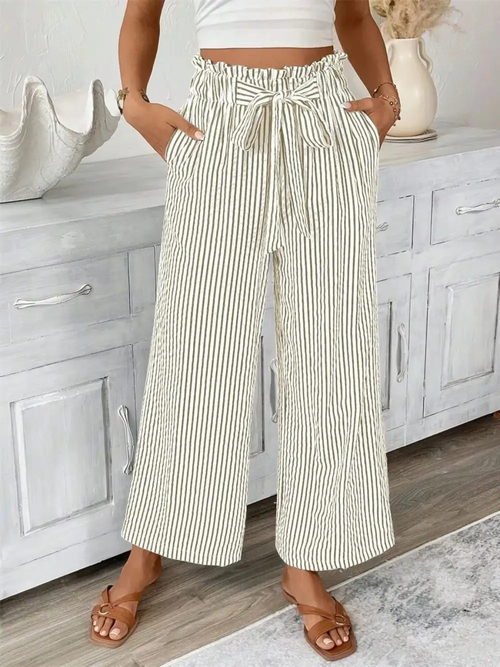 Wide Leg Paperbag Waist Striped Cropped Pants