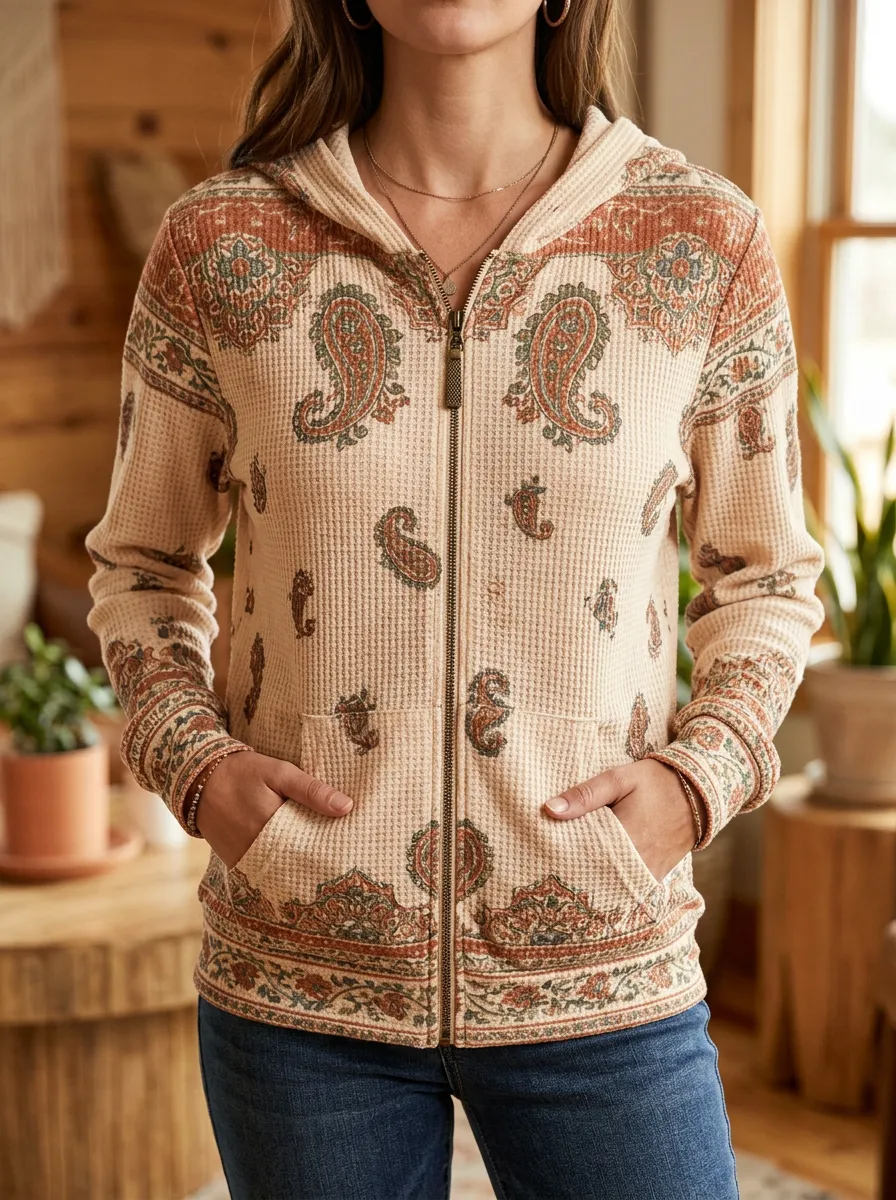 Women's Boho Paisley Artful Graphic Waffle Zip-Up Hoodie