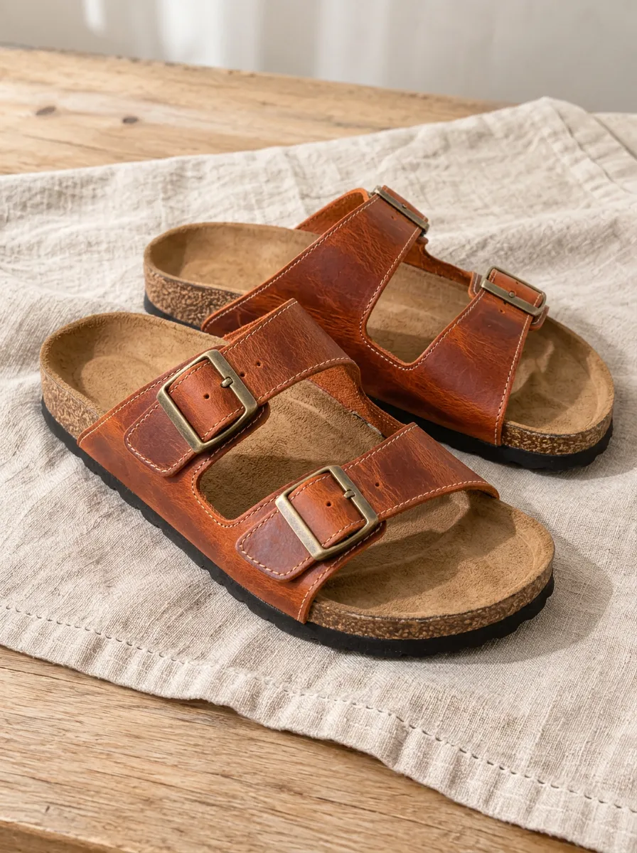 Unisex Everyday Leather Double Buckle Cork Sandals