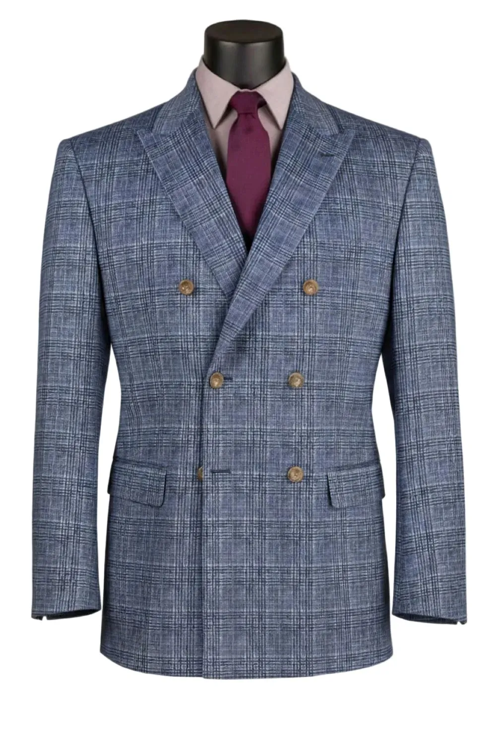 Blue Regular Fit Plaid Glen Windowpane Double Breasted Blazer