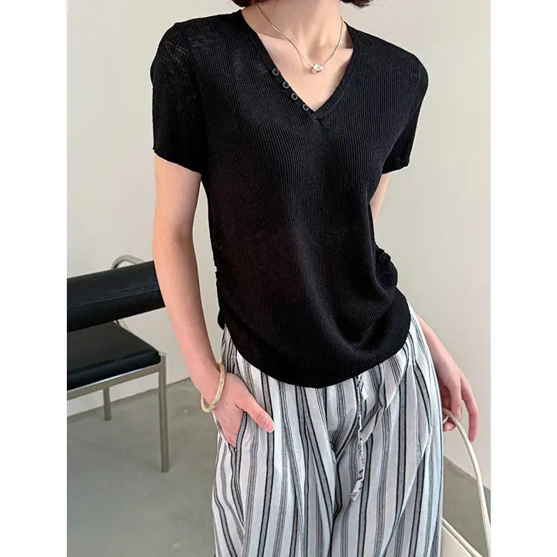 Button V-Neck Short Sleeve T-Shirt