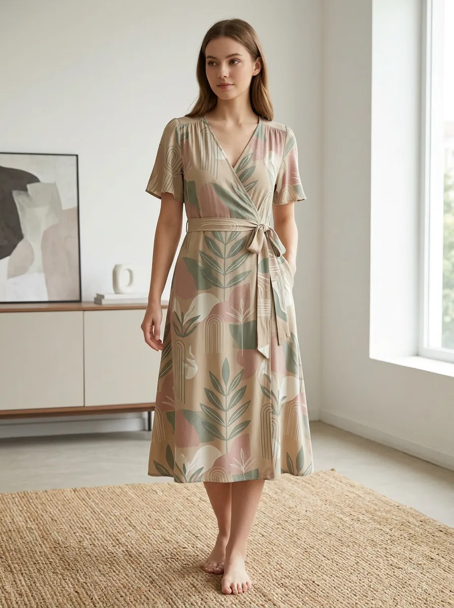 Women's Boho Botanical Abstract Mid-Calf Wrap Dress