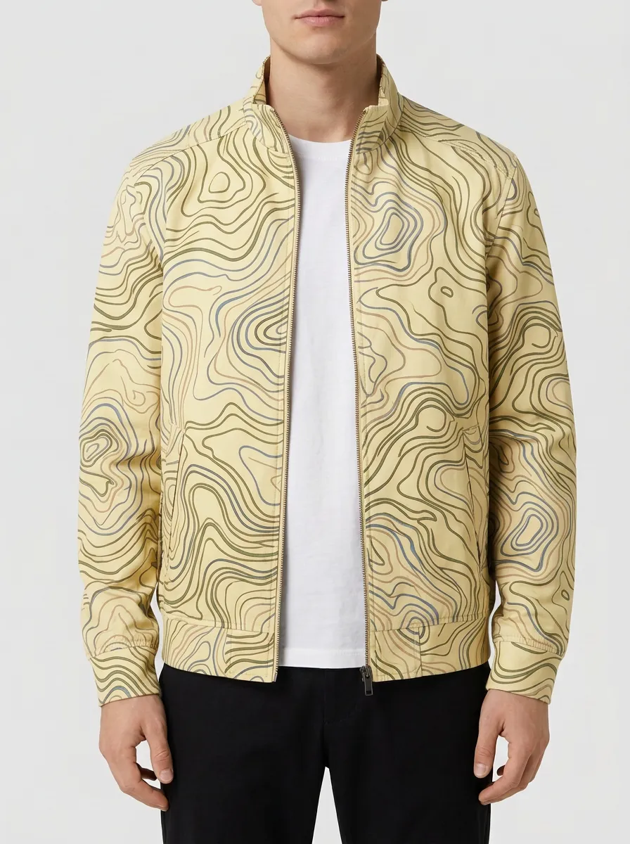 Topographic Print Stand Collar Bomber Jacket