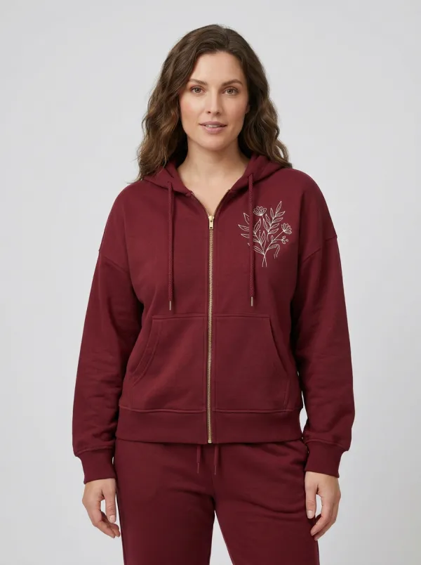 Women's Sage Green Floral Line Art Embroidered Relaxed Fit Zip-Up Hoodie Jacket & Jogger Set