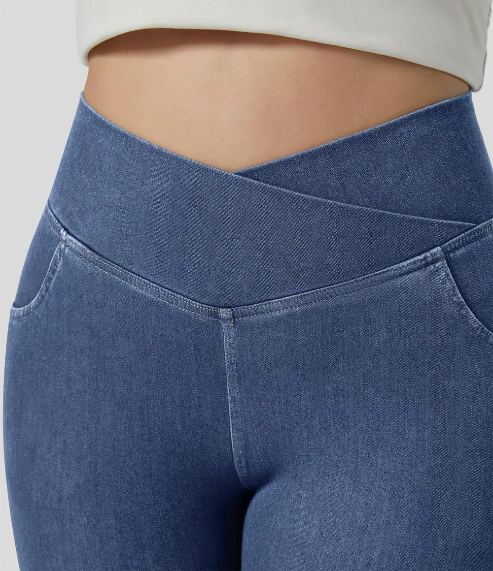 Magic High Waisted Crossover Pocket Cool Touch Breathable Washed Stretchy Knit Plus Size Casual Super Flare Jeans