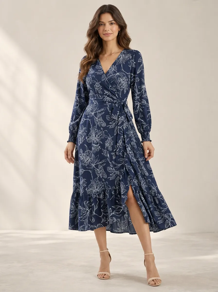 Women's Floral Line Art Modern Casual Wrap Printed Dress