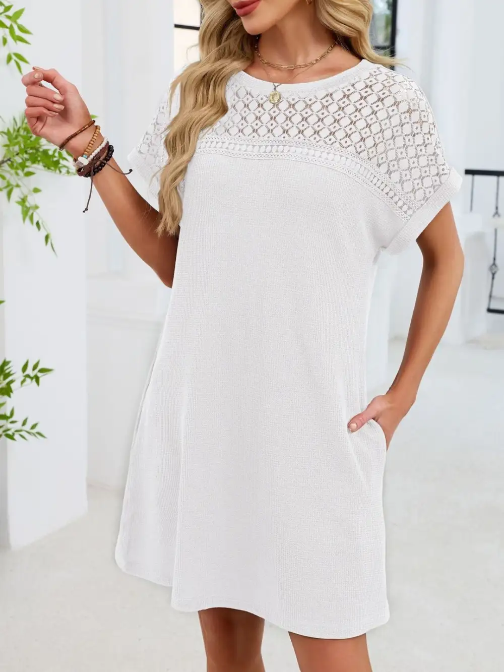 Lace Round Neck Short Sleeve Shirt Dress