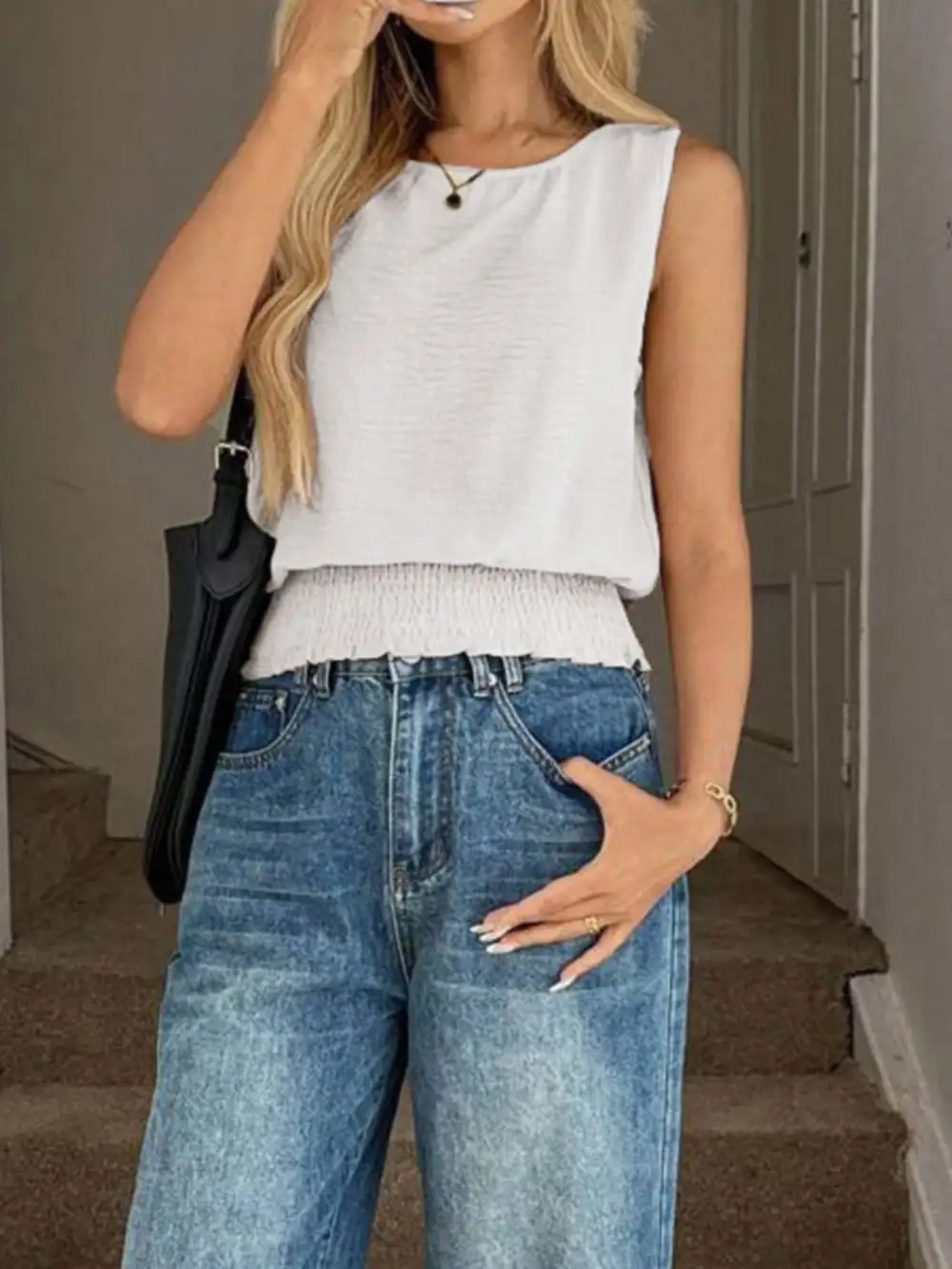 Round-Neck Smocked Tank Top