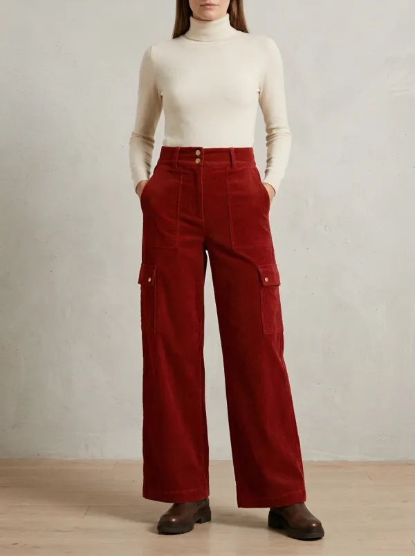 Women's Casual Fashion Brown Wide Leg Cargo Corduroy Pants