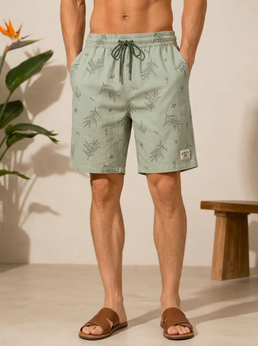 Men's Casual Olive Branch Botanical Printed Shorts