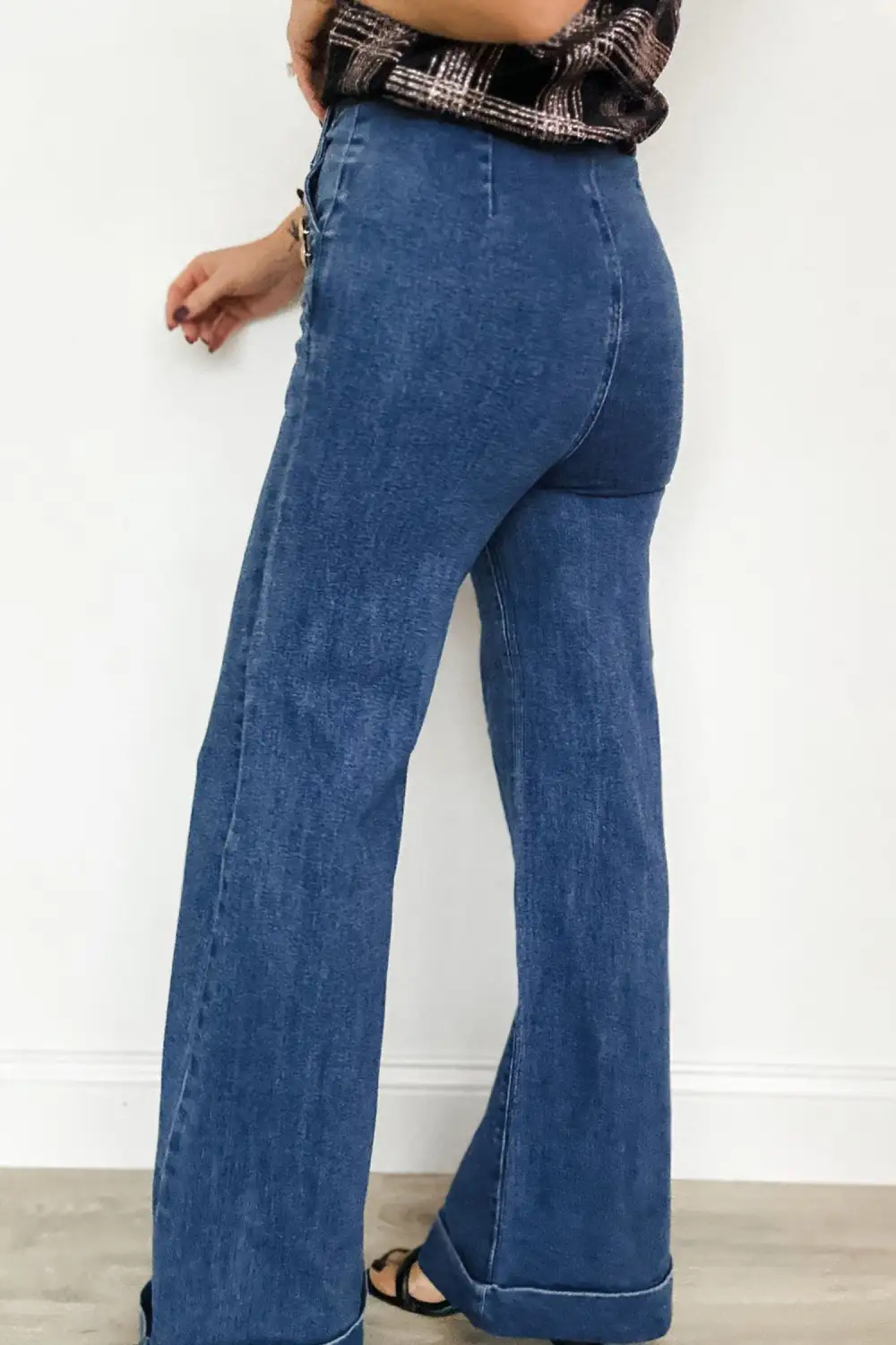Women's Golden Button Detail Rolled Edge Flare Leg Jeans