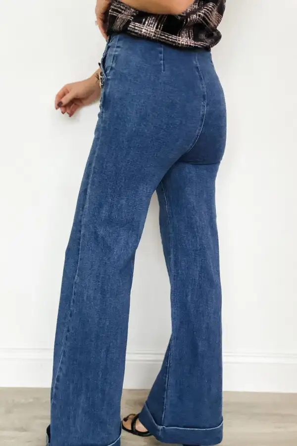 Women's Golden Button Detail Rolled Edge Flare Leg Jeans