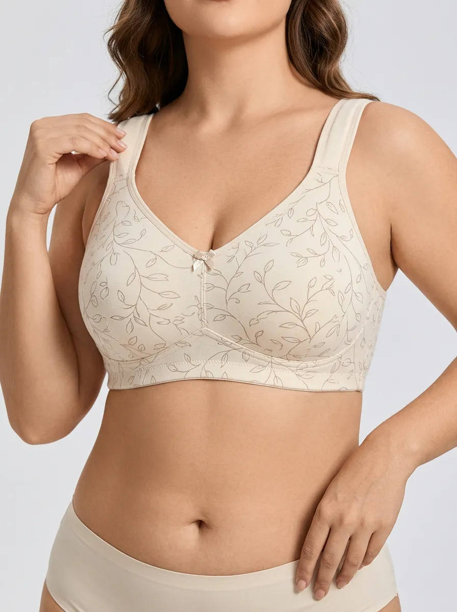 Women's Plus Size Beige Leaf Full-Coverage V-Neck Wireless Bra