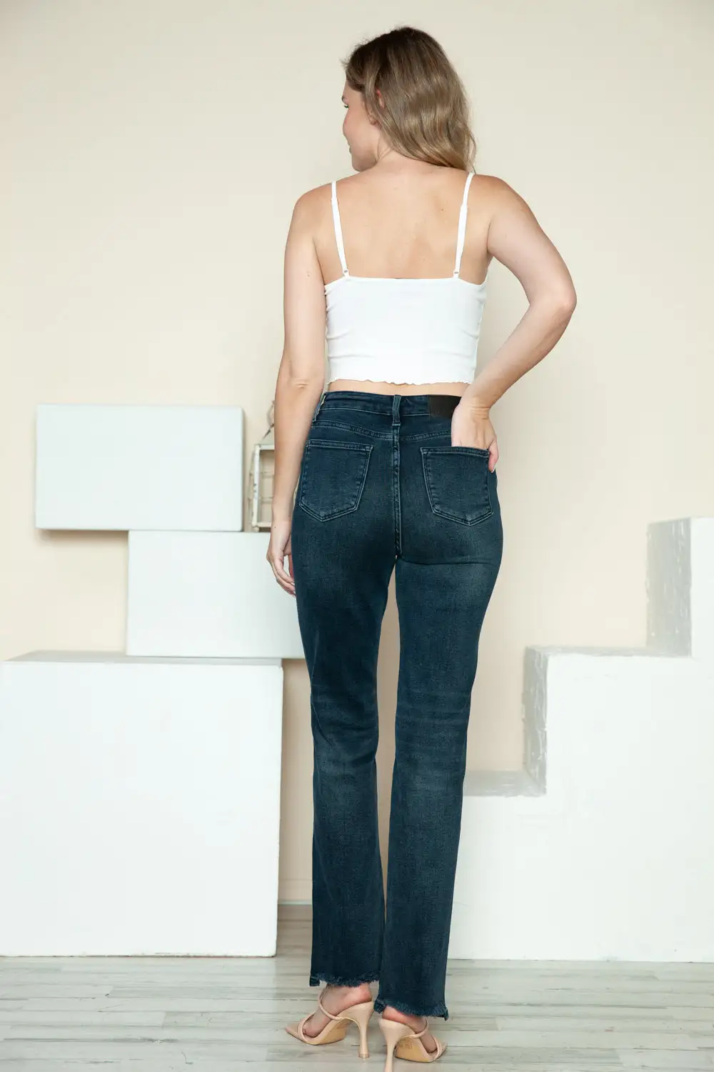 Button Fly Hem Destroy Straight Denim Jeans