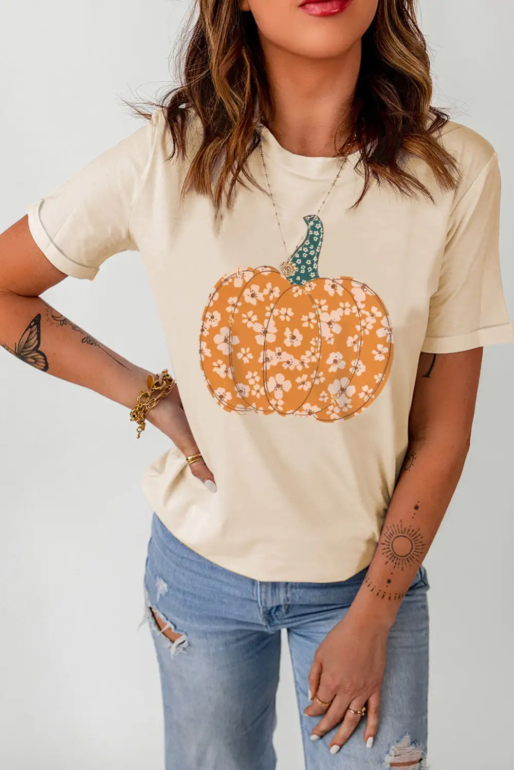 Graphic Round Neck Cuffed T-Shirt