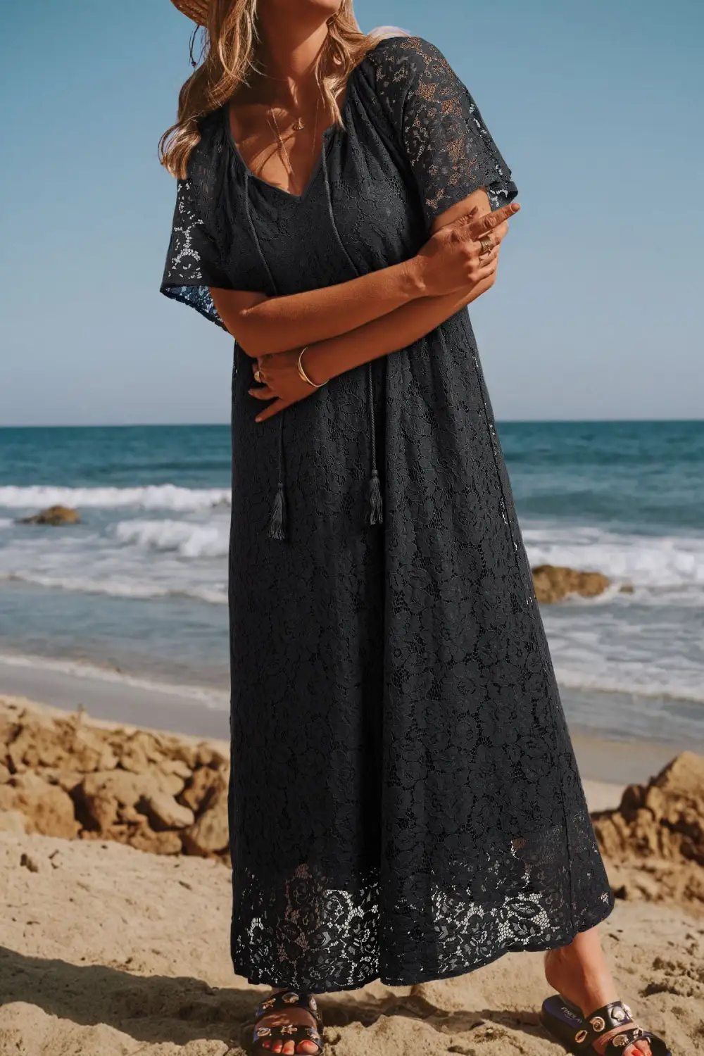 Floral Lace Overlay Tassel Tie Short Sleeve Beach Vacation