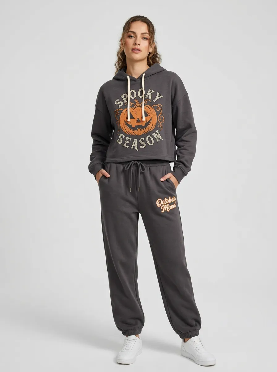 Women's Halloween Charcoal Spooky Season Pumpkin Leg-Graphic Hoodie Jogger Set