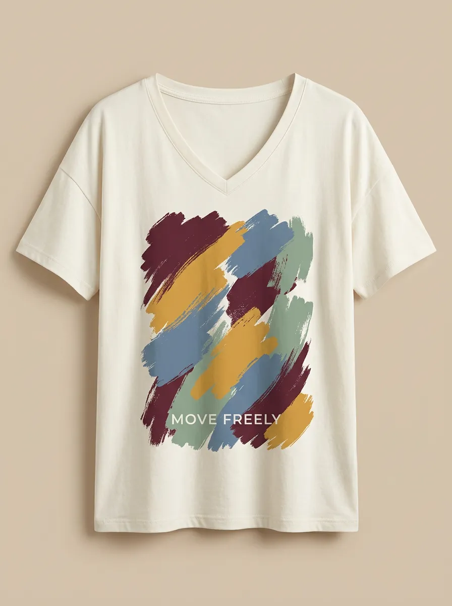 Women's Move Freely Abstract Brushstroke Printed V-Neck T-Shirt