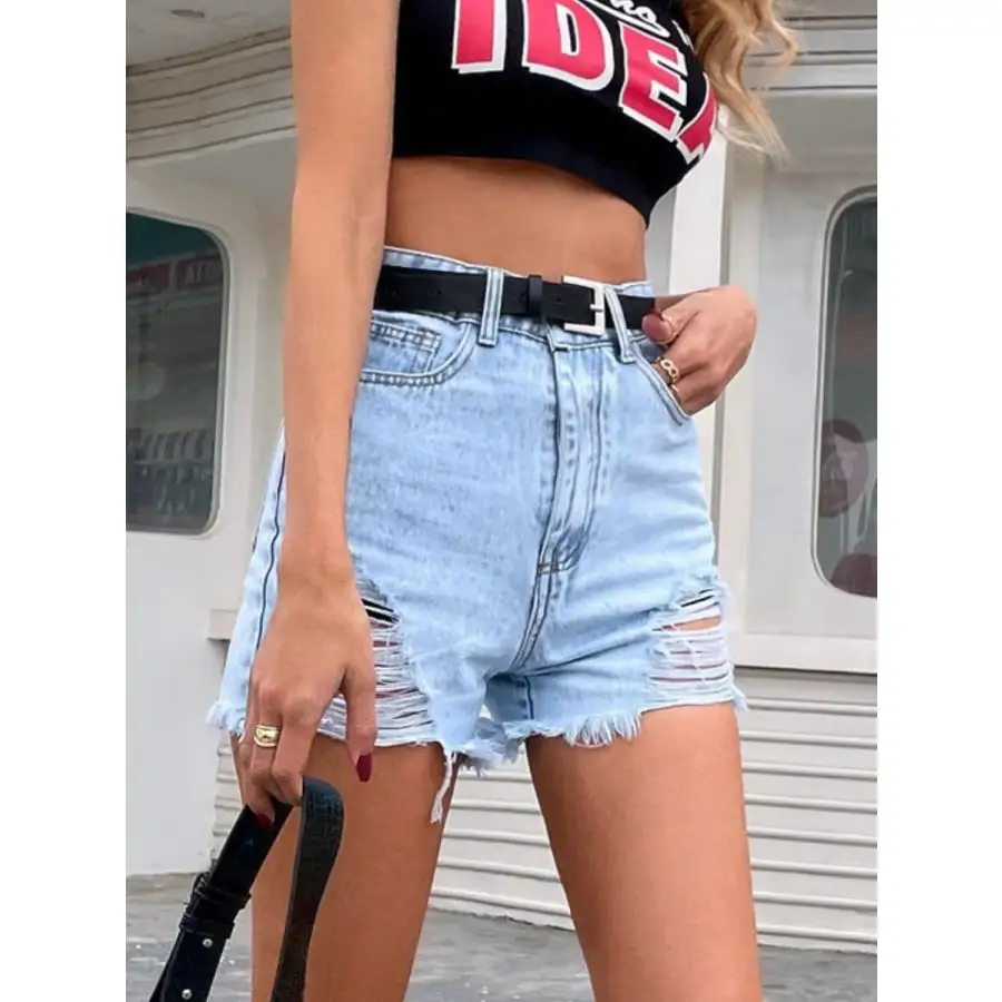 Flowy Distressed Raw Hem Denim Shorts