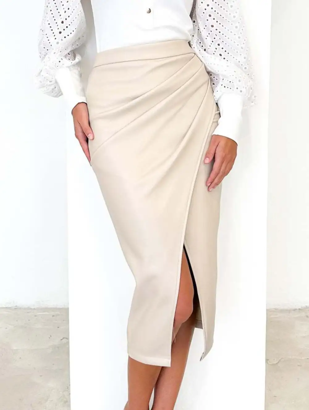 Leather Look Pleated Zipper Midi Skirt