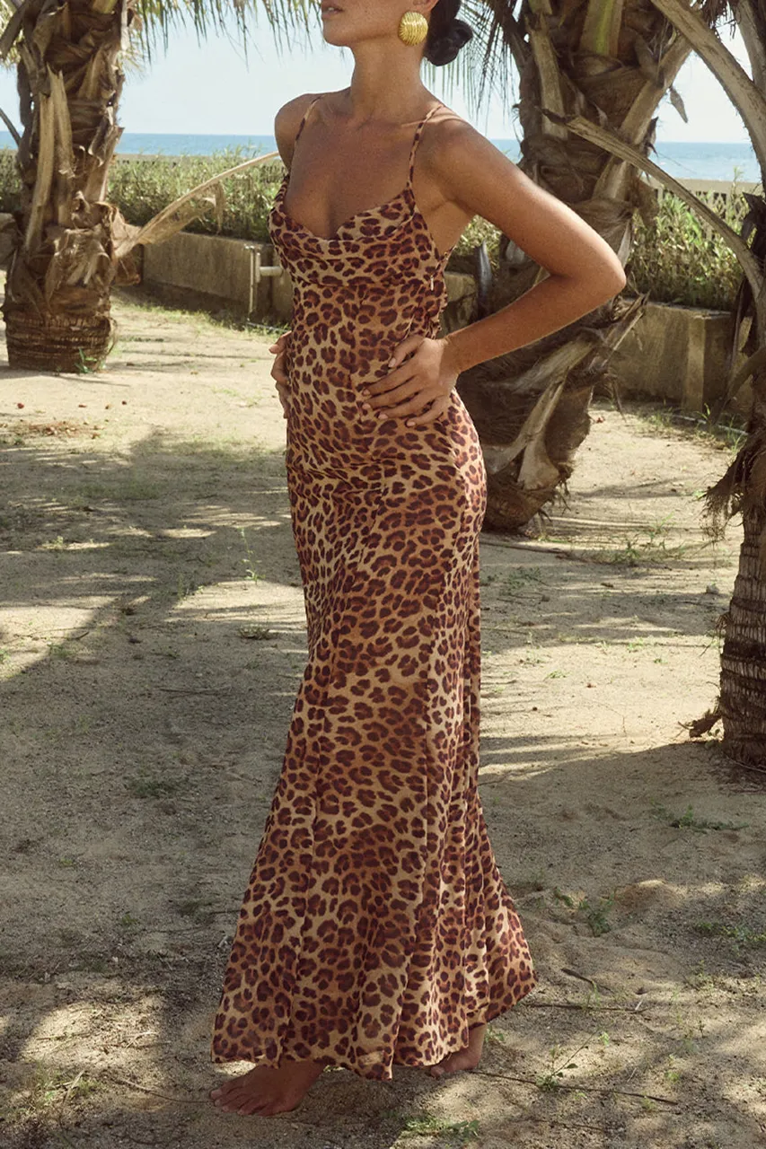 Spaghetti Strap Leopard Print Maxi Dress