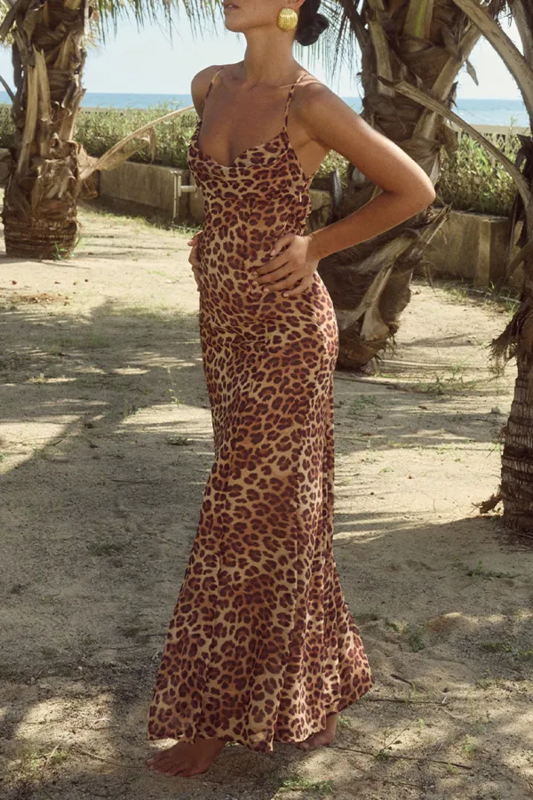 Spaghetti Strap Leopard Print Maxi Dress