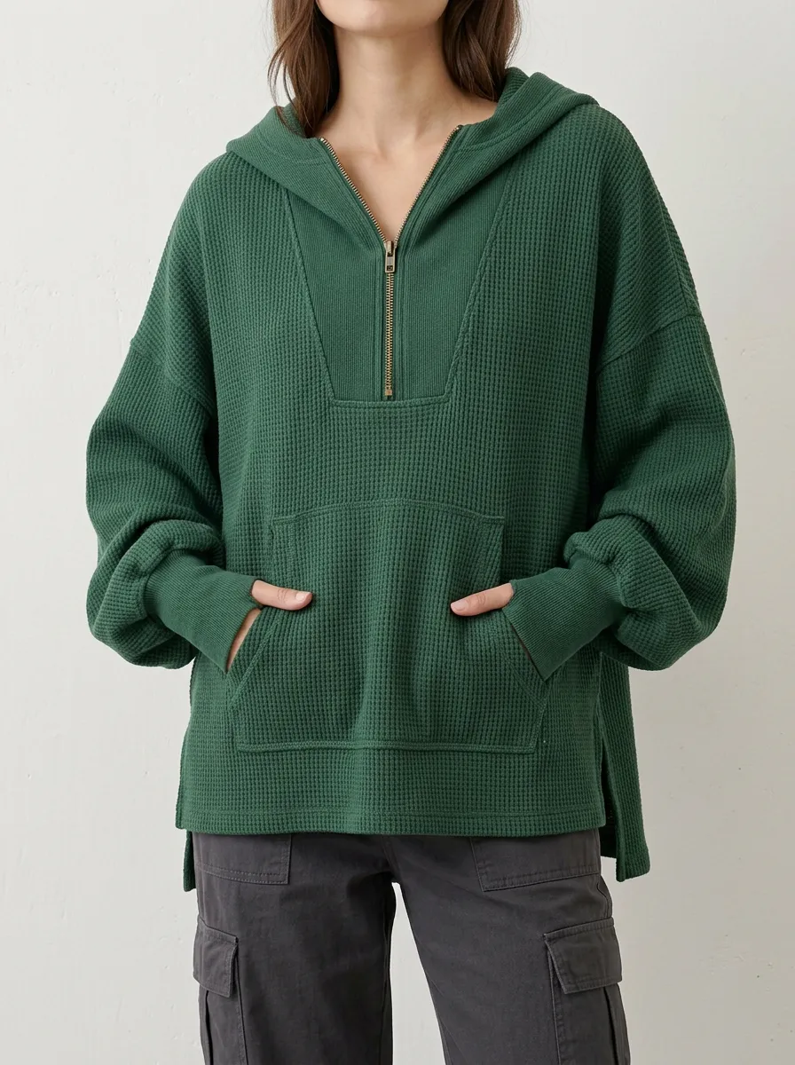 Relaxed Everyday Waffle Knit Quarter Zip Hooded Top