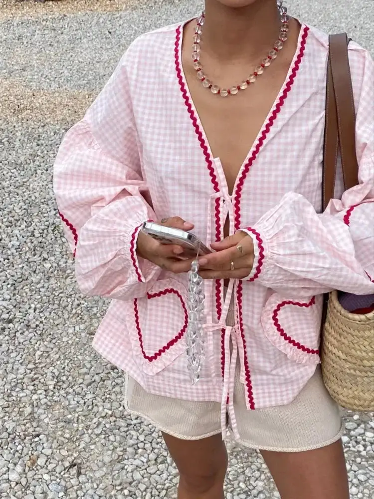 Gingham Tie Front Blouse