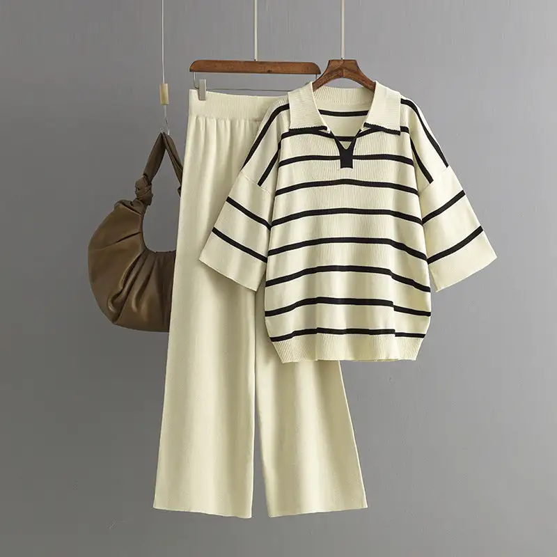 Stylish Striped Top & Solid Color Wide Leg Pants Two-Piece Set
