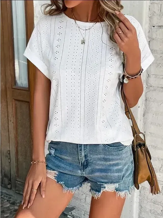 Women's T shirt Tee White Eyelet Tops Light Blue Black White Plain Cut Out Short Sleeve Daily Weekend Basic Round Neck Regular Cotton S