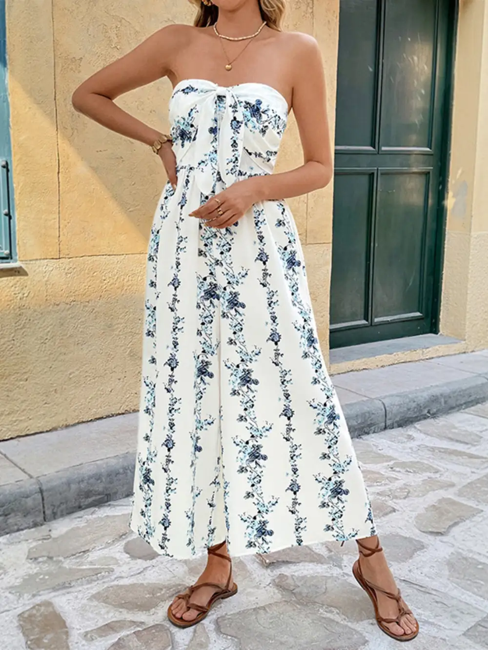 Tie Front Strapless Wide Leg Jumpsuit