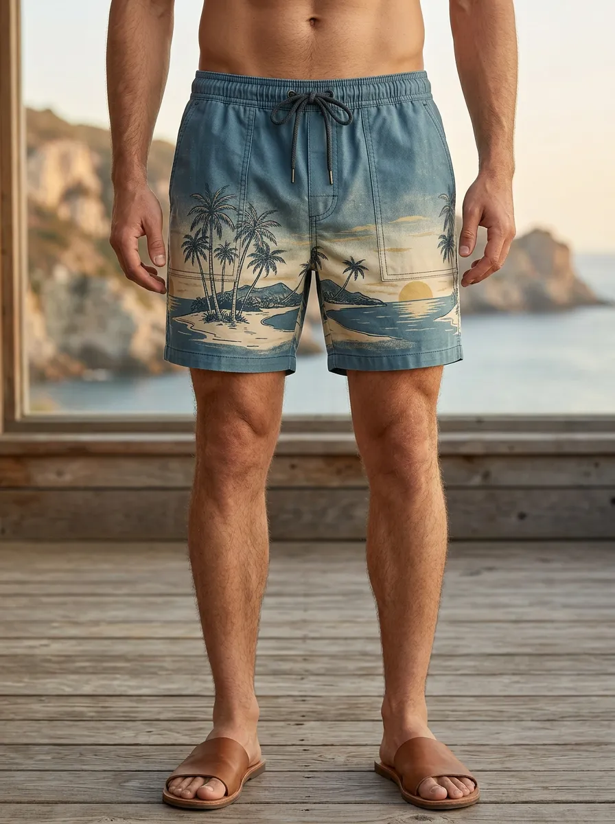 Men's Tropical Beach Sunset Palm Tree Drawstring Shorts