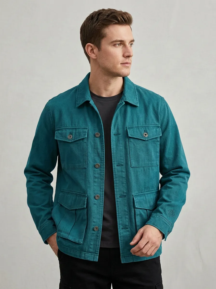 Men's Military Style Compass Embroidered Olive Green Field Jacket