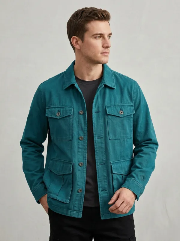 Men's Military Style Compass Embroidered Olive Green Field Jacket