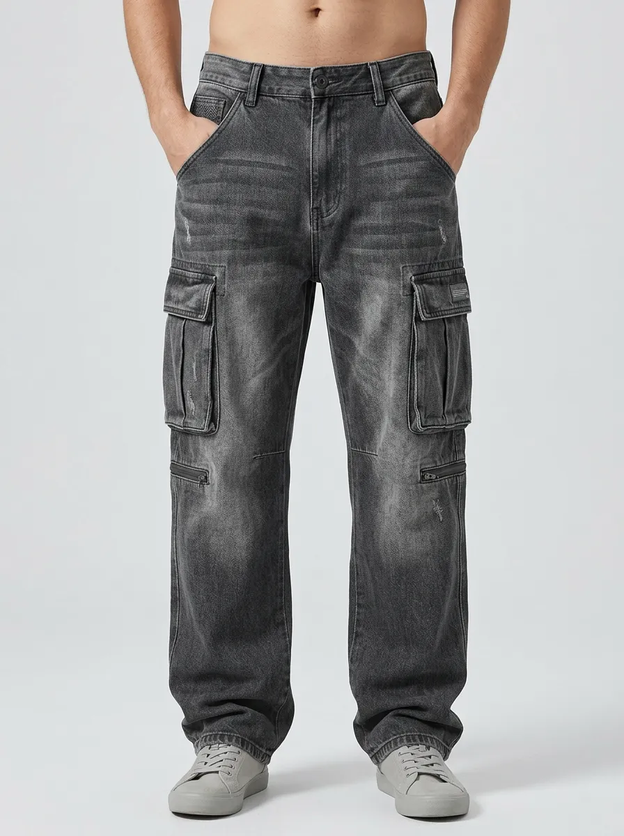 Men's Washed Black Multi-Pocket Distressed Cargo Jeans