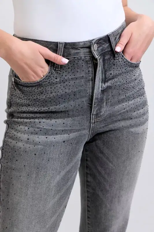High Waist Rhinestone Straight Plus Denim Jeans